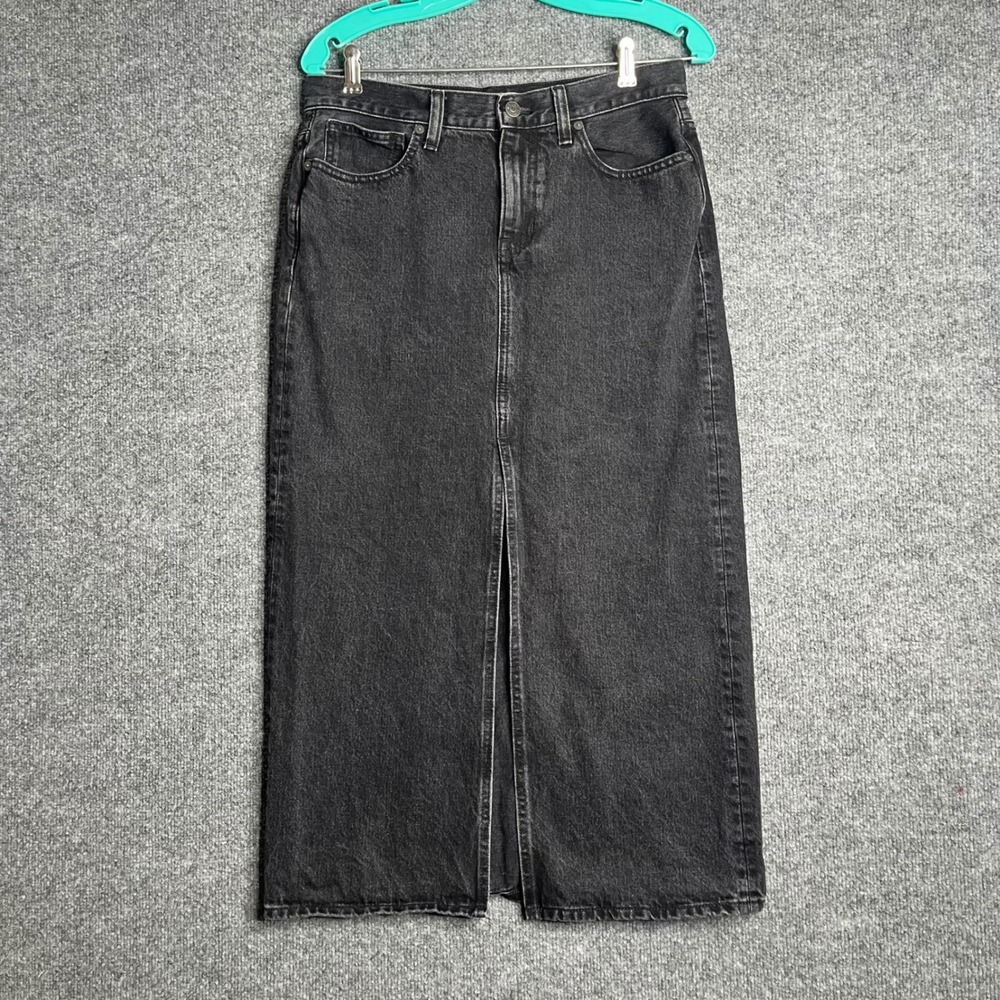 Madewell Denim Maxi Skirt Black Wash Front Slit Jean‎ Skirt Size 26 Cotton